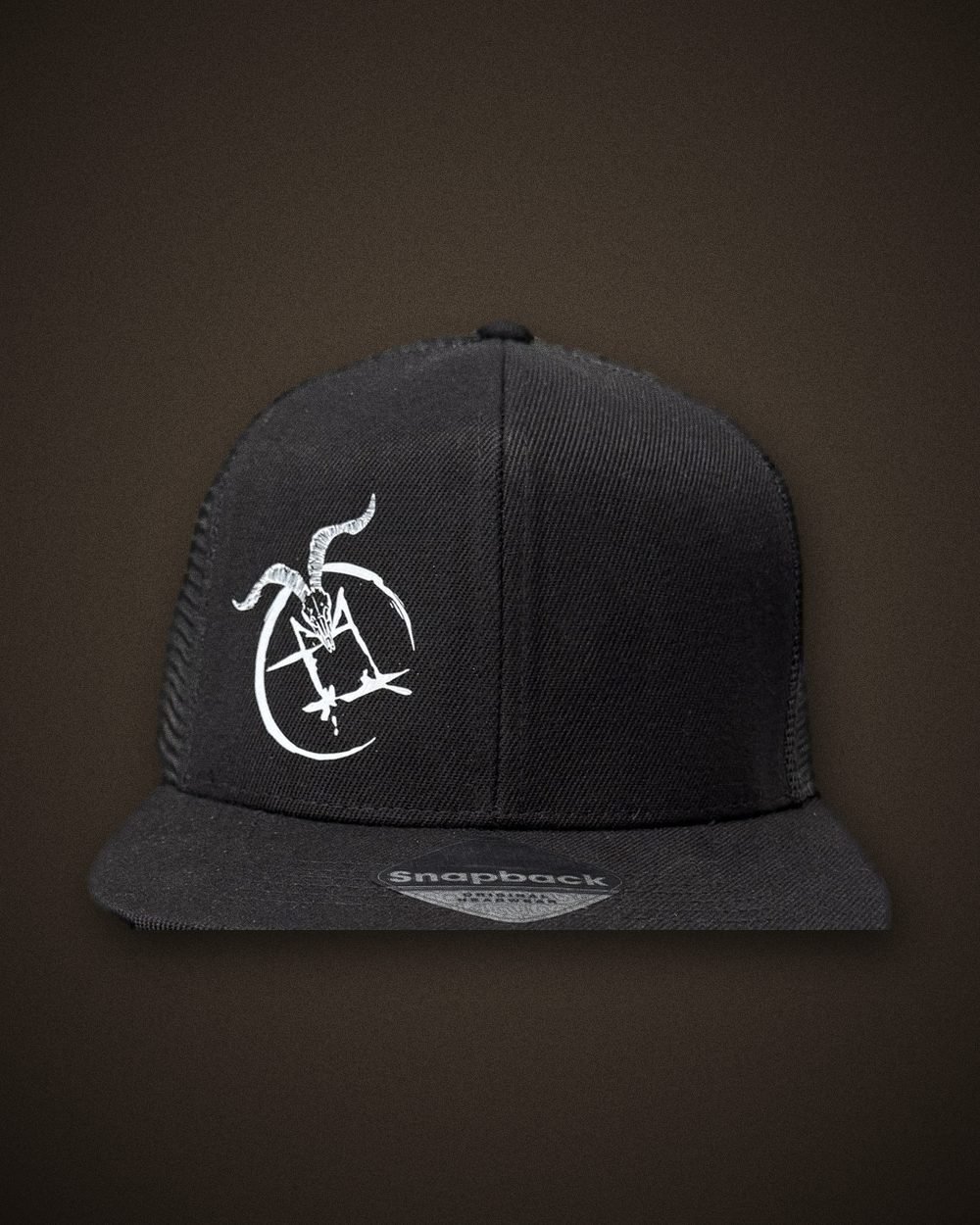 Schwarze Snapback-Cap mit Holzmasken-Philipps-Logo